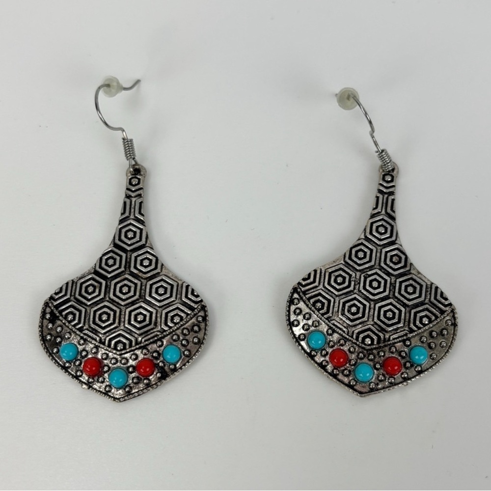 Boho Hexagon Drop Earrings with Red & Turquoise Beads – Lightweight & Bold